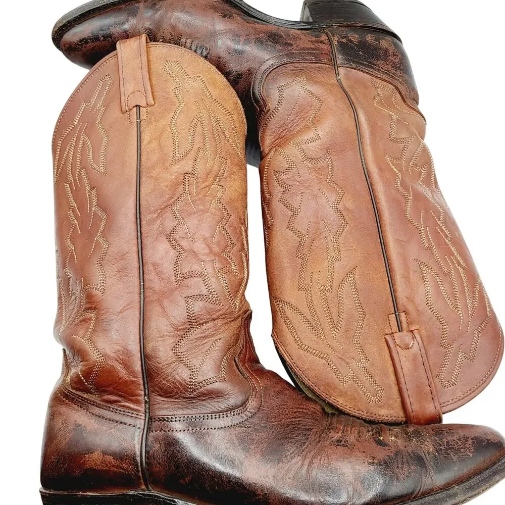 Vintage Dan Post Marlboro Soft Brown Leather Stitch Shaft Stacked Heel Men's 10D